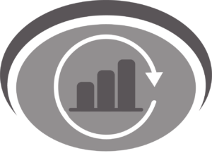 The logo for the Commission for Assessment and Evaluation. A grayscale logo featuring an abstract eye shape with a bar chart inside a circular arrow at its center. The bar chart consists of three ascending bars, symbolizing growth or progress. The circular arrow surrounding the chart suggests a cycle or continuous improvement.