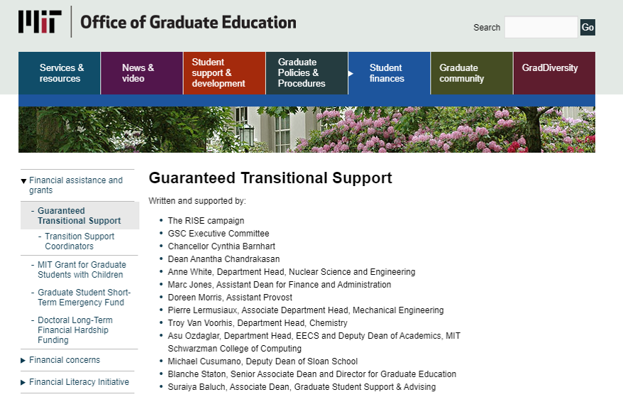 ◆Photo: Guaranteed Transitional Support info page by Office of Graduate Education at MIT: