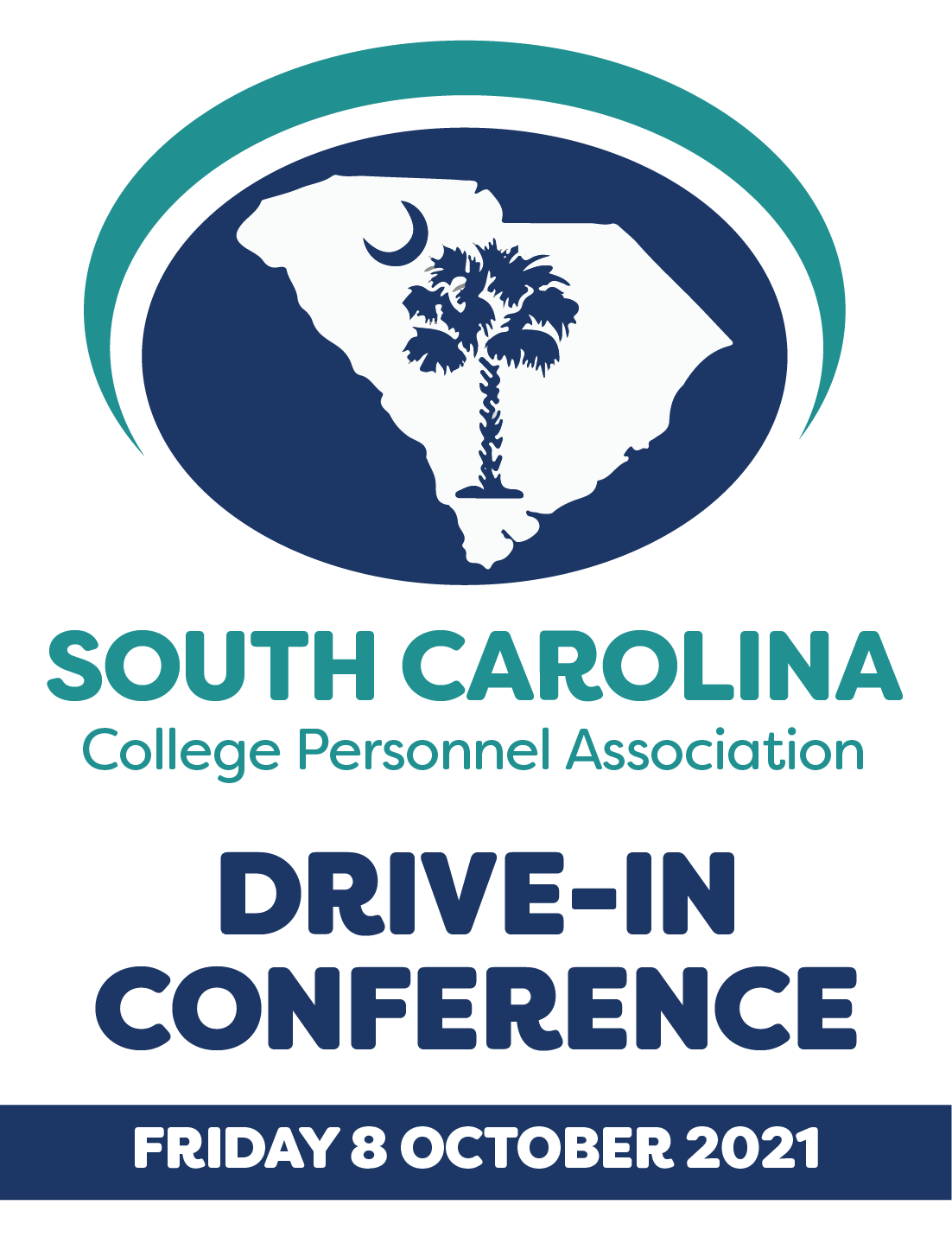 South Carolina College Personnel Association logo featuring a palm tree and crescent moon making up the South Carolina Flag. Additional text includes: Drive in Conference, Friday 8 October 2021