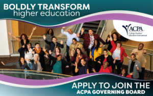 Boldly Transform higher education. apply to join the acpa governing board. includes a photo of the current governing board with their hands in the air cheering.