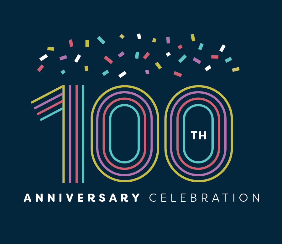 100th Anniversary Celebration on Navy Background with confetti