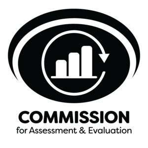 The logo for the Commission for the Assessment and Evaluation. Shows three rising bars, and then an arrow pointing around the bars to represent continuous improvement.